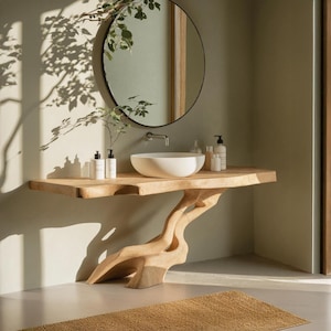 Rustic live edge bathroom vanity shelf handcrafted floating vanity desk shelf wall mounted brackets bathroom decor housewarming gift