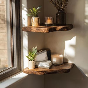 Reclaimed nursery decor shelf decor floating corner shelves bookshelves live edge shelves walnut shelves farmhouse decor housewarming gift