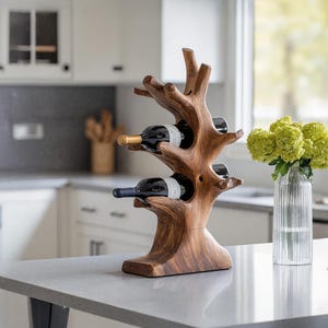 Handmade wine rack countertop solid wood wine stand rustic wine bottle holder for modern kitchen or home bar decor