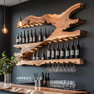 Handmade wine rack countertop solid wood wine stand rustic wine bottle holder for modern kitchen or home bar decor