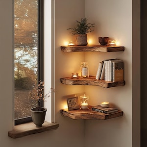 Rustic nursery decor shelf decor floating corner shelves bookshelves live edge shelves walnut shelves farmhouse decor housewarming gift