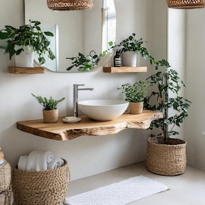Solid wood live edge bathroom vanity shelf handmade floating vanity desk shelf wall mounted brackets bathroom decor housewarming gift