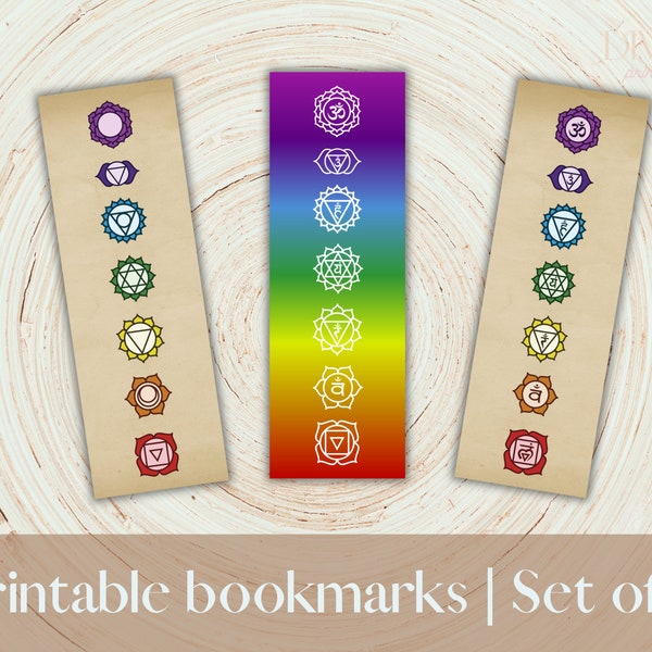 Set of 3 Printable Chakra Bookmarks, downloadable PDF file containing 3 designs for you to print at home, great gift for book lovers