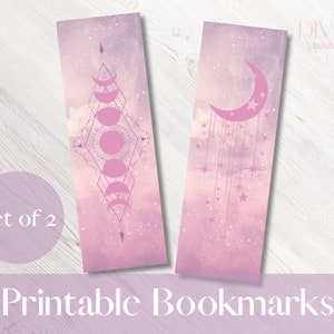 2 Printable Pink Bookmarks, downloadable PDF file containing 2 cosmic moon designs for you to print, great gift for your book loving friends