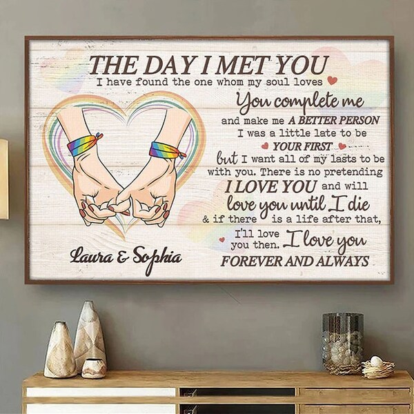 Personalized LGBTQ+ Couple Love Poster, Custom Romantic Quote Wall Art, The Day I Met You Heart Hands Print, Pride Month, Anniversary Gift