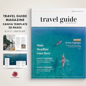 Modelo de revista de viagem, modelo de e-book Canva, guia de viagem, modelo de ímã de lead do Blogger Canva, modelo de revista Canva, layout de revista