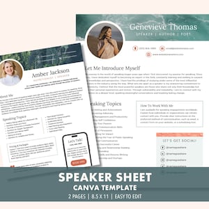 Speaker One Sheet, Speaker Sheet Canva Template, Professional Speaker Sheet, Coach Profile, Keynote Speaker Kit, Professional Speaker Sheet