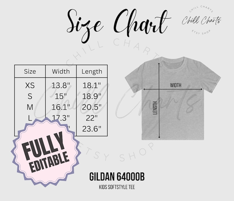EDITABLE Gildan 64000B Size Chart Digital Download Unisex Kids Tee Size