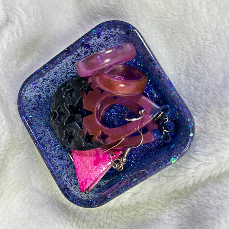 Blue Green Glitter Square Jewelry Dish Resin Trinket Holder Jewelry