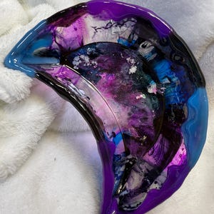 Moon Jewelry Trinket Dish: Black, Purple & Blue Drip Resin; Alcohol Inks