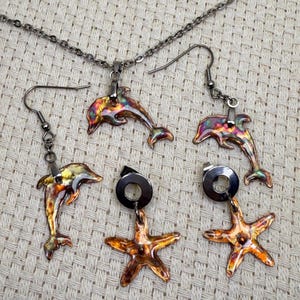 Hand-Painted Patina Copper Dolphin Starfish Necklace Set: Necklace, Two Earring Sets & Bracelet