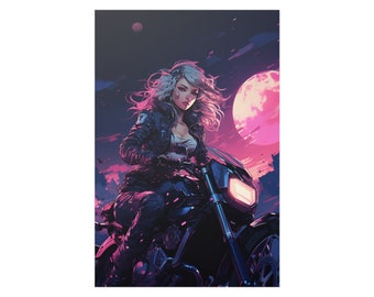 Cyberpunk Biker Girl - Futuristic Motorbike Artwork, Cool Neon Night Riding Biker in Edgy Cyberpunk Style - Satin (210gsm) Poster Print