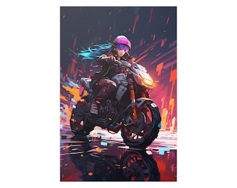 Cyberpunk Biker Girl - Futuristic Motorbike Artwork, Cool Neon Night Riding Biker in Edgy Cyberpunk Style - Satin (210gsm) Poster Print