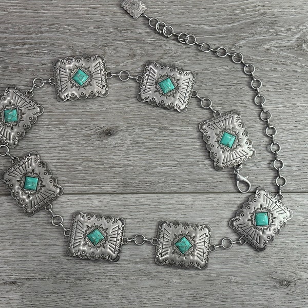 Western Silver  Turquois stone rectangular Comcho Chain Belt