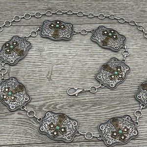 Western Two tones Turquois stone rectangular Comcho Chain Belt with Cross