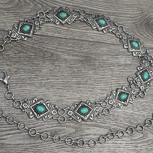 Västra aztekiska silverfärgade turkosstenar rektangulära concho-kedjebälte