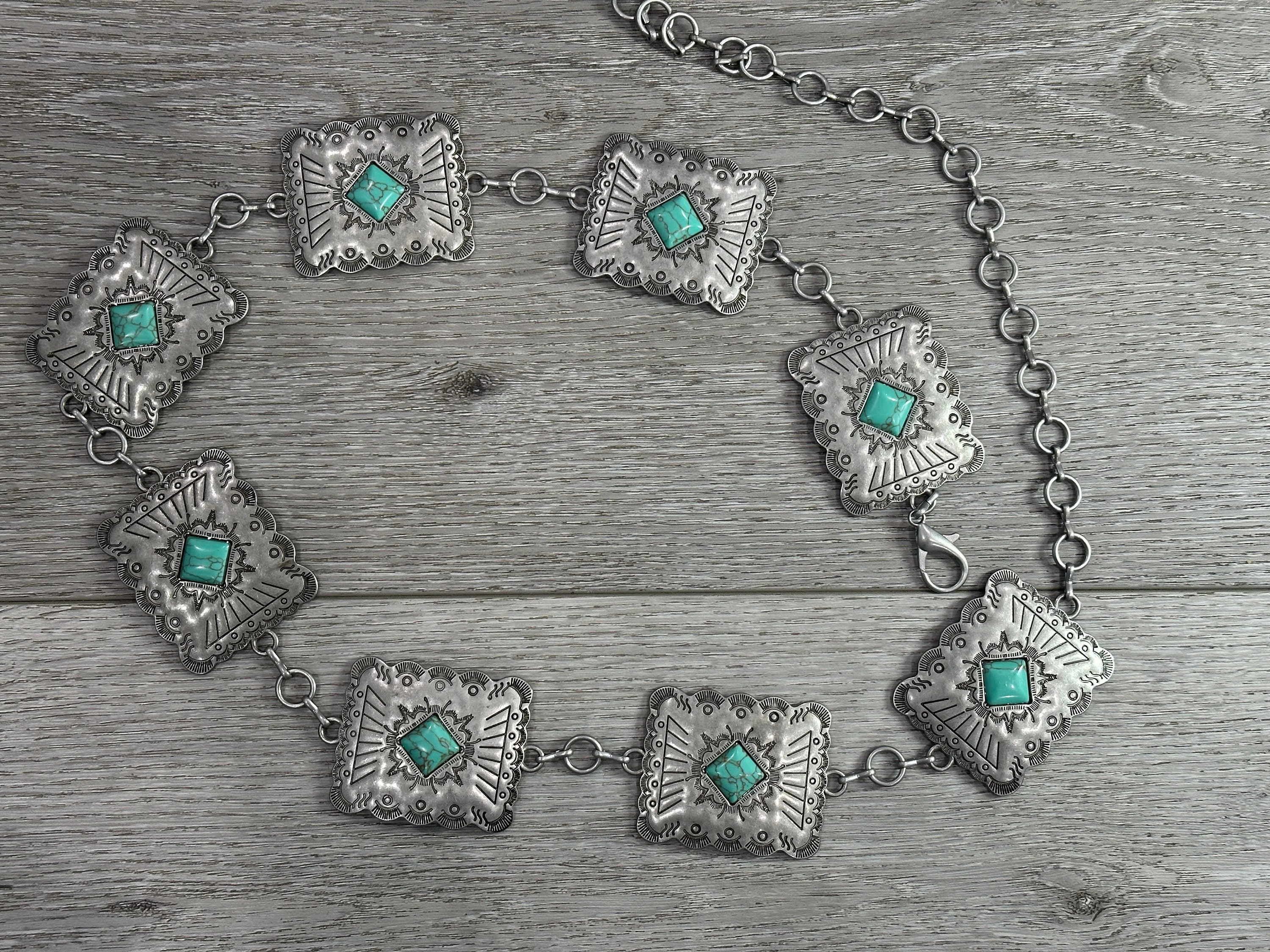 NWT Silver and Turquoise Western Chain Belt Turquoise Concho Belt: Western Silver Chain, Adjustable Fit  main image 2