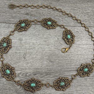 Western Brass Turquois stone rectangular Concho  Chain Belt features ornate filigree