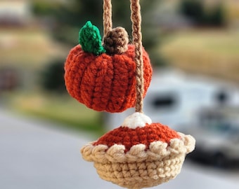 Crochet Pumpkin Pie Car Hanger, Cute Fall Car Charm, Autumn Pumpkin Accessory, Car Decor, Gifts for Her