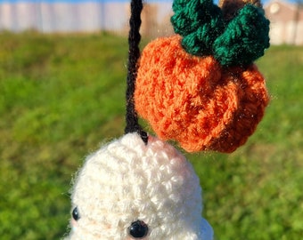 Crochet Ghost and Pumpkin Car Hanger, Sparkly Halloween Rearview Mirror Charm, Amigurumi Fall Gift