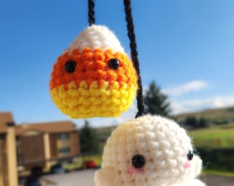 Crochet Ghost and Candy Corn Car Hanger, Cute Halloween Rearview Mirror Charm, Amigurumi Spooky Gift