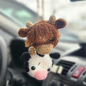Crochet Cow Car Hanger, Cute Rearview Mirror Charm, Highland Cow Crochet Ornament, Car Accessories, Gifts for Her