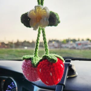 Crochet Strawberry Car Hanger, Cute Rearview Mirror Charm, Strawberry Crochet Ornament, Car Accessories, Gifts for Her