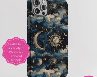 Sun and Moon Phone Case, Celestial Bodies Tough Phone Cover, Starry Night Scene, iPhone 16 15 14 13 Pro Max Plus, Galaxy S23 S22 S20 Ultra