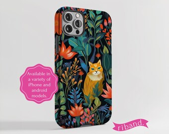 Floral Cat Phone Case, Cat and Flowers Cell Phone Cover, Tough Phone Case for Cat Lover, iPhone 16 15 14 13, Pixel 8 7 6, Samsung Galaxy S23
