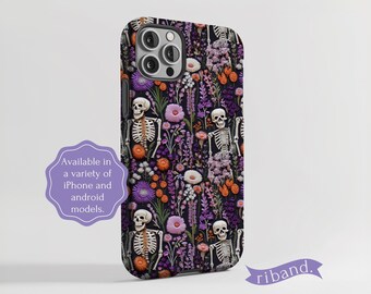 Embroidered Skeletons Phone Case, Whimsigoth Embroidery Phone Cover, Cute Skeleton Tough Phone Case, Spooky Halloween Gift, iPhone, Galaxy