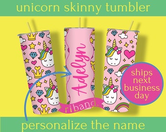 Custom Name Unicorn Tumbler, Cute Unicorn Gift, Personalized Name Tumbler, Skinny Tumbler, Gift for Girl, Custom Tumbler, Custom Girl Gift