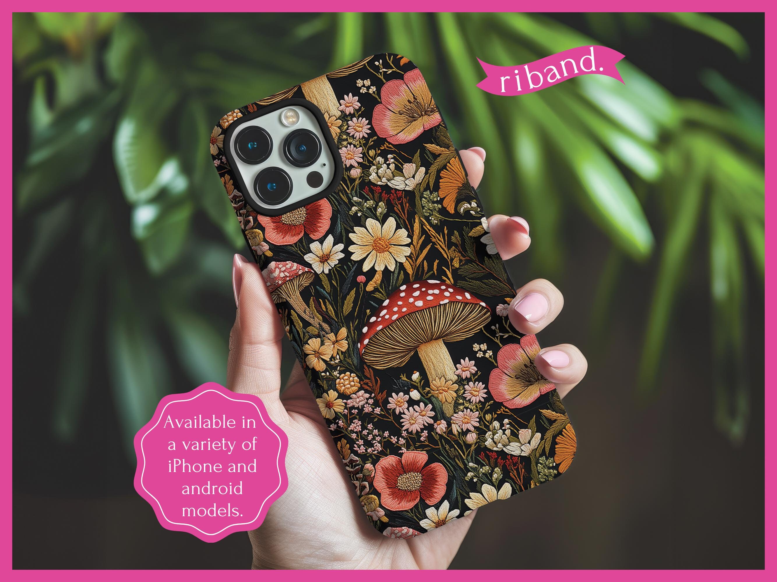 Cottagecore Mushroom Phone Case, Embroidered Mushroom Tough Phone Cover, iPhone 16 Pro Max, iPhone 16 Plus, Pixel 9 Pro XL, Galaxy S24 Ultra
