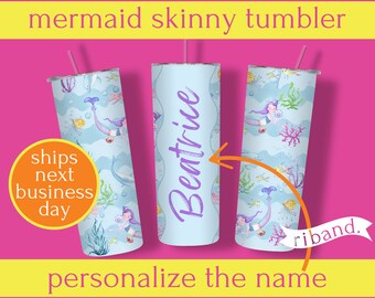 Custom Name Mermaid Tumbler, Cute Mermaid Gift, Personalized Name Tumbler, Skinny Tumbler, Gift for Girl, Custom Tumbler, Custom Girl Gift