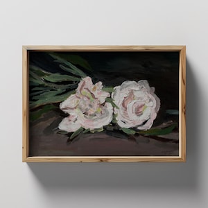 Stampa di pittura a olio di peonia, antica, malinconica, floreale, arte murale, estetica scura, natura morta francese, regalo vintage, arredamento neutro