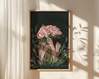 Szmaragdowozielony abstrakcyjny kwiatowy wydruk artystyczny z kobietą - botaniczny bukiet piwonii, obraz figuralny w ciemnym stylu