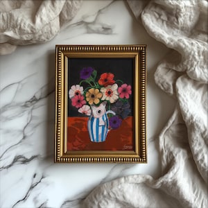 Flowers in Vase Print, Anemones Blue and White Fish Jug Modern Floral Painting, Colourful Coastal Decor