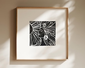 Linorytowy wydruk giclée „Słonecznik”, czarno-biały portret ścienny (10x10 cali)