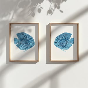 Tropical Fish Watercolour Prints Set of 2 Discus Fish Wall Art for Coastal Home Blue and White Decor