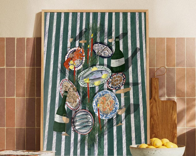 Italian Feast Art Print – Mediterranean Seafood Dining Illustration, Nonna Kitchen Decor