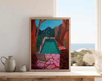 Maroko Riad Art Print, Basen marokański, Jasnoróżowy, Widok na góry