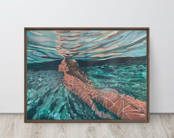 Underwater Swimmer Painting Framed Canvas Print -  Light Refraction Seascape Painting - Pine Wood Frame