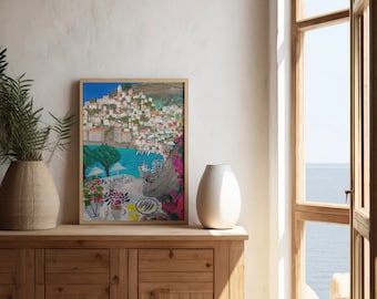 Ilustracja z podróży na grecką wyspę Hydra Harbour, posiłek na świeżym powietrzu, wydruk 12 x 18 cali