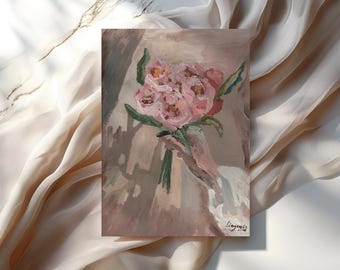 Obraz olejny „Peony”, antyczna francuska martwa natura z kwiatami