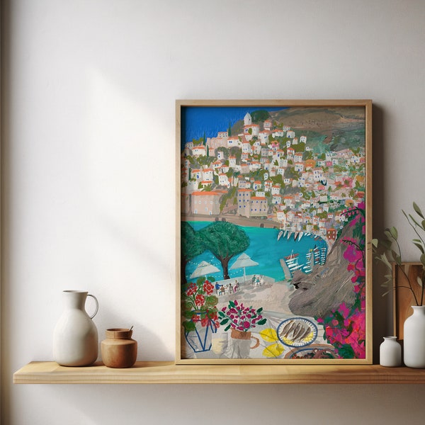 Hydra Greek Island Illustration Wall Art  | Europe poster | Mixed Media Art