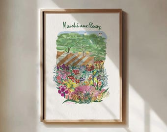 Druk na targu kwiatowym, malarstwo botaniczne Marché aux Fleurs Paryż, bukiet kwiatów mimozy piwonii