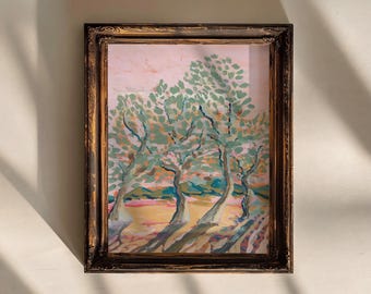 Wydruk artystyczny „Olive Grove” Abstrakcyjny obraz jesienny Rustykalny wystrój śródziemnomorski Pastelowe stonowane odcienie