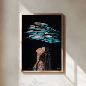 Underwater Swimmer Art Print: Moody Ocean Impressionist Painting