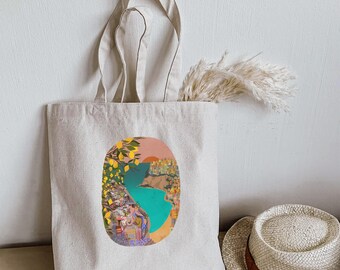 Amalfi Coast Tote Bag, Italian Sunset Dinner Illustration, Eco Cotton