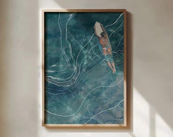 Wydruk artystyczny „Kobieta surferka” | Minimalistyczny widok na ocean, wystrój domu na plaży