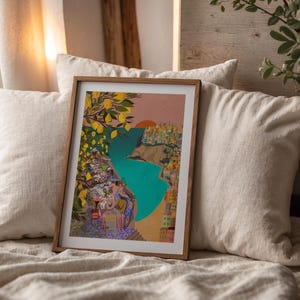 Stampa di cibo italiano La Dolce Vita Cena all'aperto Positano Tramonto Paesaggio Alberi di limone Cibo e bevande Tavolo Arte murale